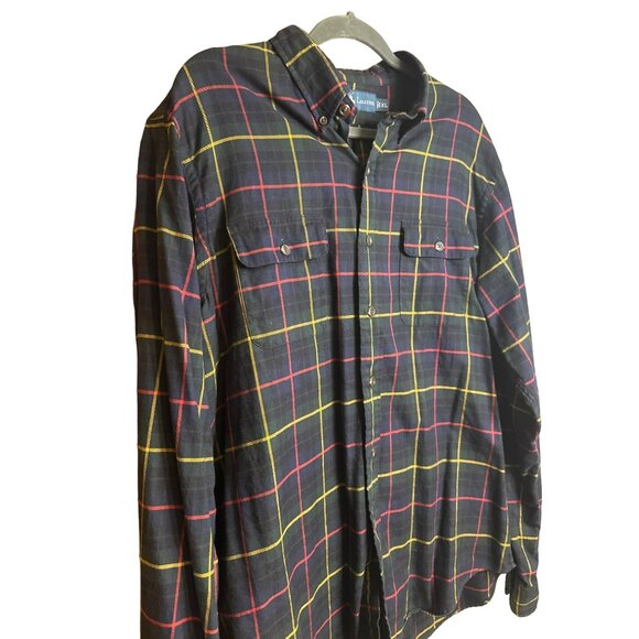 VTG 90s Ralph Lauren Plaid Button Shirt XL Mens Red Yellow Dark Green Navy Pony - Picture 3 of 5